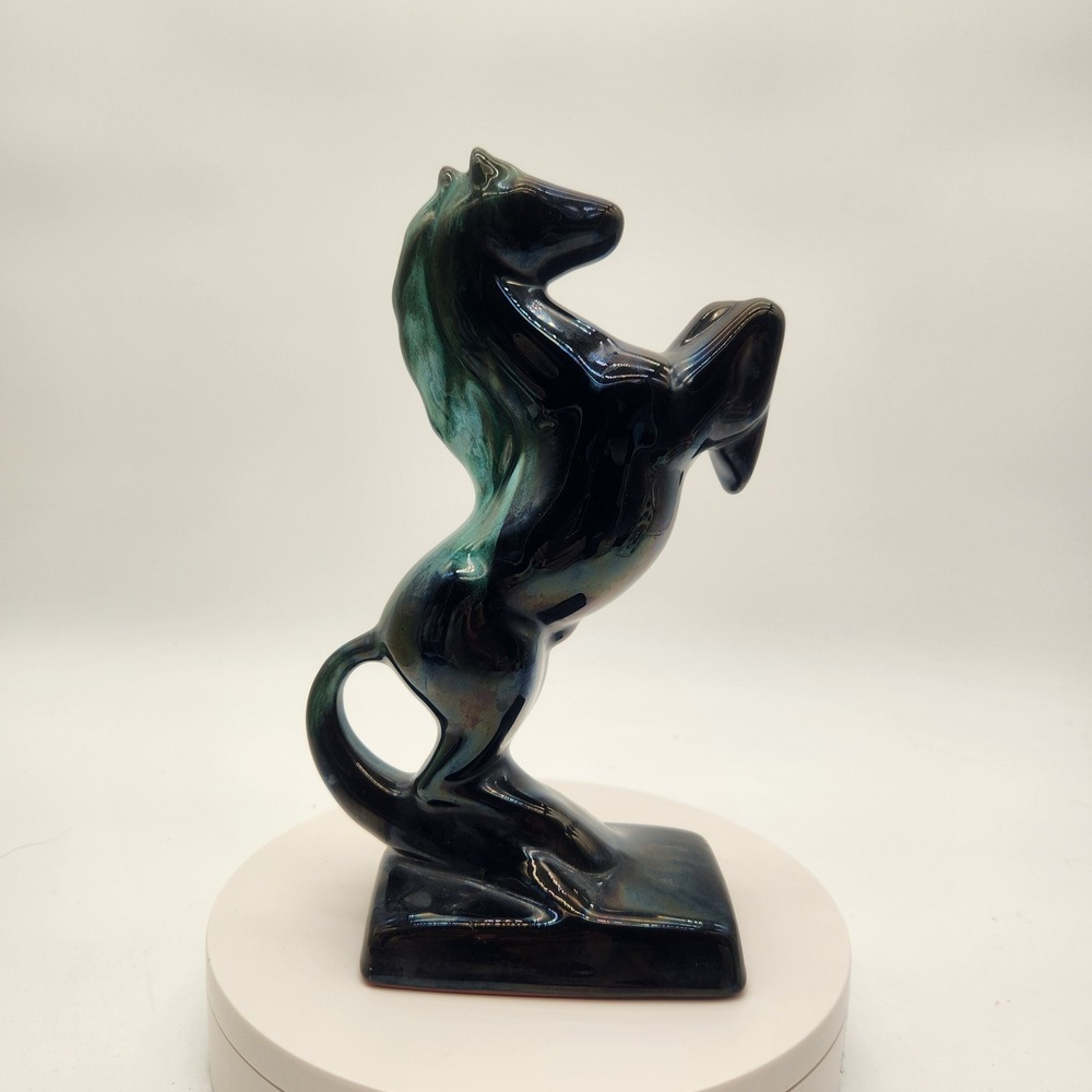 Blue Mountain Pottery (BMP) Rearing Stallion Figurine MCM Teal Drip Glaze Canada - Picture 2 of 11